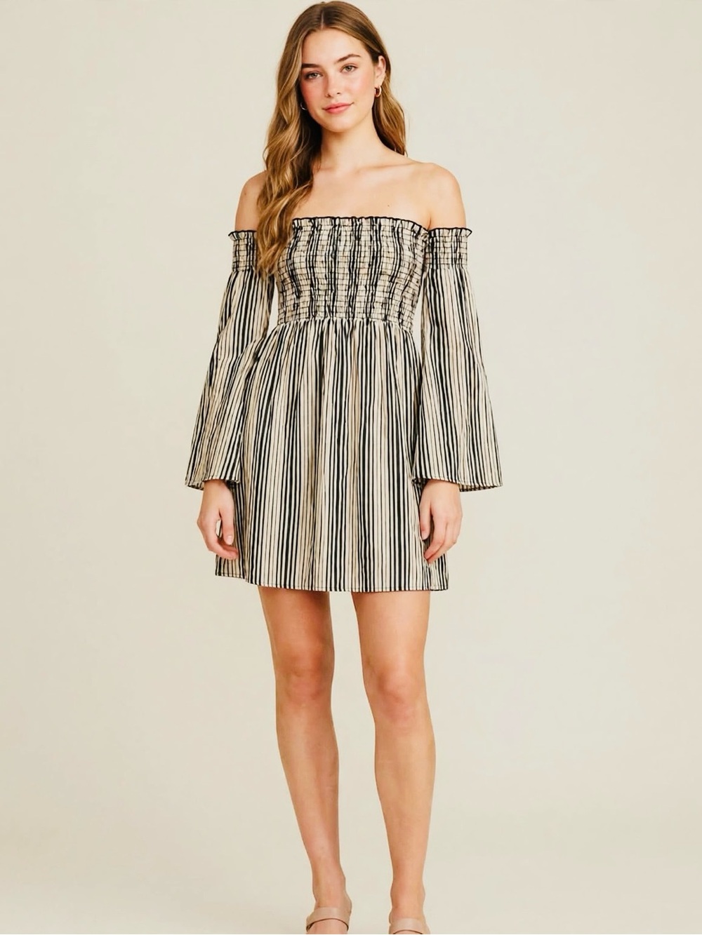 Show Me Your MuMu Small Black Beige Stripe off Shoulder Dress NWT